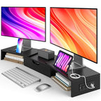 Elephance Dual Monitor Stand with USB Ports,Wood Computer Monitor Stand Riser with Drawer,Adjustable Desk Shelf,Desk Organizer for Computer,Laptop,No Assembly Required,Black