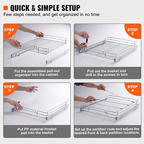 VEVOR 15.5" Wx21 Dx3.5 H Pull Out Cabinet Organizer, Heavy Duty Slide Out Pantry Shelves, Chrome-Plated Steel Roll Out Drawers, Storage for Home Under Sink, 17" Wx22 Dx7 H Install Size for Cabinet - size: 15.5" Wx21 D