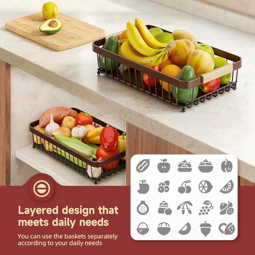 Sevenblue 2 Tier Large Fruit Basket for Kitchen Counter with 2 Mobile Banana Hangers, 2026 Pro Detachable Metal Fruit Bowl with Wooden Handle (Brown, 2 Tier Extra Large) - color: Brown, size: 2 Tier Extra Large