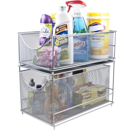 Sorbus® Cabinet Organizer Set —Mesh Storage Organizer with Pull Out Drawers—Ideal for Countertop, Cabinet, Pantry, Under the Sink, Desktop and More (Silver Two-Piece Set) - color: Silver, size: 2 Drawer