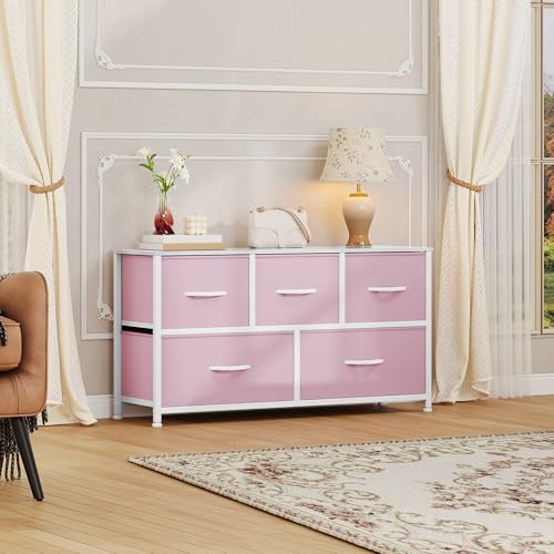 DWVO Dresser for Room with 5 Drawers - Fabric Storage Tower, Long Fabric Dresser, Organizer Unit for Closet, Hallway - color: Pink, style: 5-Drawer
