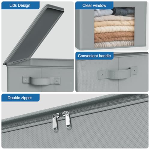 Zilink Fabric Storage Bins with Lid 4-Pack Stackable Closet Storage Bins Sweater Organizer with Zipper & Clear Window Closet Organizers and Storage Box for Home, Bedroom (Light Grey,17" x 12" x 12") - color: Light Grey
