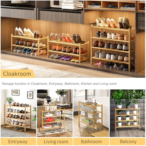 4-Tier Bamboo Shoe Rack for Entryway, Stackable | Heavy Duty | Multi-Function, Free Standing Shoe Racks for Bedroom Hallway Closet - color: Natural, size: 4-Tier-Standard