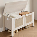 SICOTAS Rattan Shoe Rack Bench with Lift Top Storage: White Farmhouse Boho Shoe Cabinet Entryway Bench with Safety Hinges, Wooden Storage Chest for Bedroom, Entryway, Hallway, Living Room - color: White Cream Oak