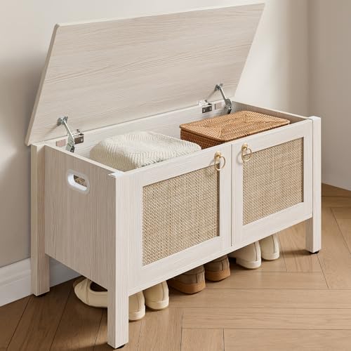 SICOTAS Rattan Shoe Rack Bench with Lift Top Storage: White Farmhouse Boho Shoe Cabinet Entryway Bench with Safety Hinges, Wooden Storage Chest for Bedroom, Entryway, Hallway, Living Room - color: White Cream Oak