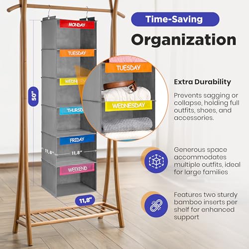 Handy Laundry Hanging Clothes Organizer for Kids - 6-Shelf Closet Daily Clothing Organization Labeled Shelves with Days of The Week Monday Through Friday, Weekday and Weekend (Grey-Colored) - color: Grey-colored