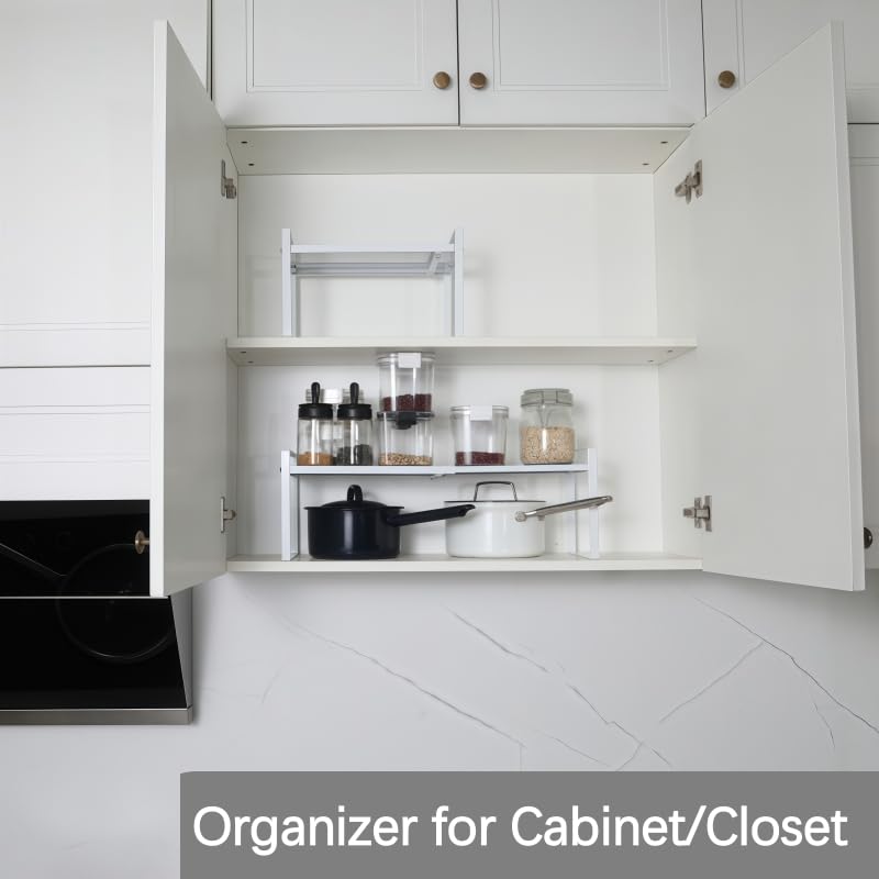 Expandable Cabinet Shelf Organizer Riser for Kitchen Pantry Cupboard Under Sink Countertop (white, 8.2’’D * 12.2-21.6’’W * 7.7’’H) - color: White, size: 8.2''D * 12.2-21.6''W * 7.7''H