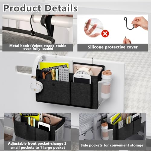 Edudif Bedside Caddy Bedside Organizer with Fixed Straps & Water Bottle Holder, Bunk Bed Caddy ideal for Home, Dorm, Hospital, Crib, Versatile Bedside Storage Solution (Black) - color: Black