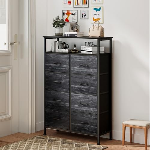 DUMOS Fabric Dresser for Bedroom with 8 Drawers, Tall 8-Drawer Chest of Drawers with Raised Shelf, Storage Tower with Fabric Bins for Closet Organization, Hallway Storage, Black Wood Grain Print - color: Black Wood Grain Print, size: 31.5"D x 45.9"W x 11.