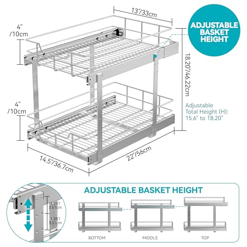 2 Tier Pull Out Cabinet Organizer 14" W X 22" D, Slide Out Drawers For Kitchen Cabinets, Pull Out Drawers For Cabinets Capacity Heavy Duty Caddy, Cabinet Pullout Shelves Chrome-Plated,Bathroom Pantry - color: 2 Tier - Chrome-Plated, size: 14" W X 22" D
