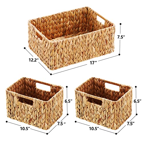 HOONEX Water Hyacinth Storage Baskets, Wicker Baskets for Storage, Hand Woven Baskets with Carry Handles, Set of 3, Natural - color: Natural (Water Hyacinth), size: 17"D x 12.2"W x 7.5"H