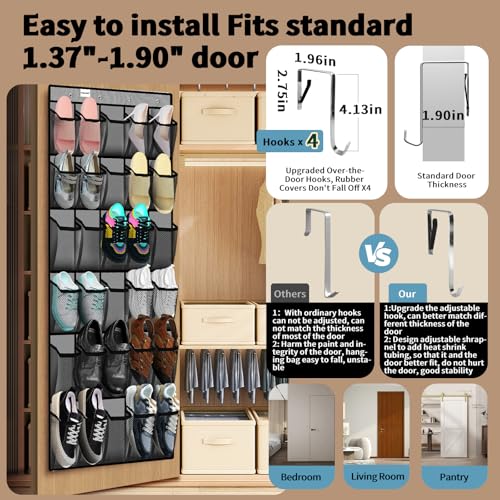 PAULONE Over the Door Organizer with 30 Large Pockets, 3 Sizes of Closet Hangers, Holds up to 69 lbs, Hanging Organizer with Clear Window for Children's Toys, Shoes, Diapers (Gray) - color: Gray