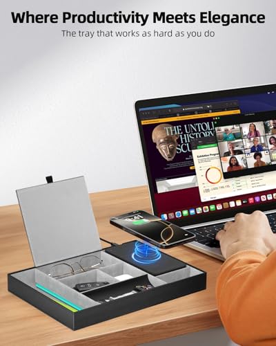 Leather Valet Tray with Wireless Charging Pad - Luxury EDC Nightstand Organizer for Men - Premium Desk Tray for Phone, Watch, Glasses & Keys - Sleek Office Desk Accessories & Gift for Him (Black) - color: Black with Lid