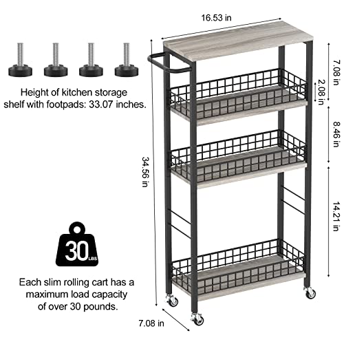 4 Tier Slim Storage Cart Narrow Laundry Cart on Wheels Utility Kitchen Rolling Cart with Wood Tabletop Mobile Shelving Unit Bathroom Storage Organizer Slide Out Rolling Tower for Narrow Spaces - color: Grey
