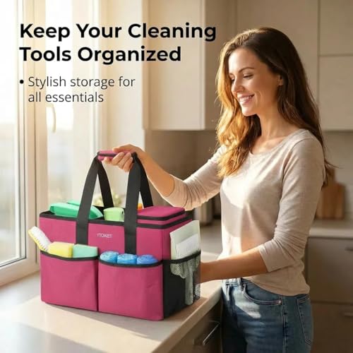 Ytonet Cleaning Caddy, Water Resistant Cleaning Supplies Organizer with Handle & Foldable Divider for Cleaners, Housekeeping Tote for Kitchen & Bathroom, Car Tool Caddy Organizer Bag, Rosered - size: Medium
