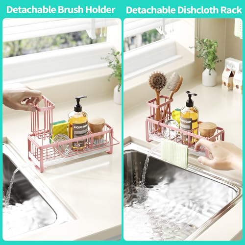 HapiRm Sponge Holder for Kitchen Sink - Self-draining Sink Caddy with Brush and Dishcloth Holders, Stainless Steel Kitchen Organizer for Countertop - Pink - color: Pink, size: with Dishcloth Holder
