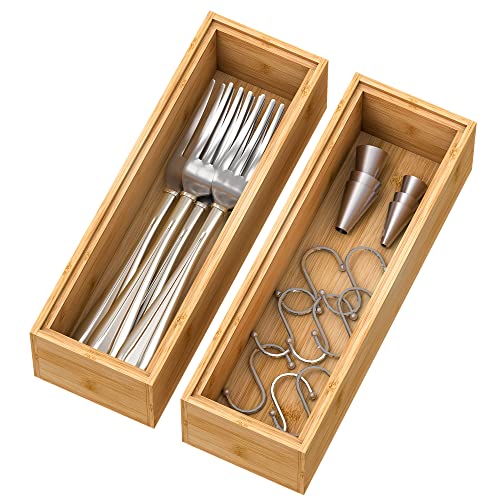 Bamboo Kitchen Drawer Organizer,Stackable Silverware Tray Utensil Organizer Cutlery Holder for Kitchen,Wooden Storage Box for Bathroom, Multi-Use Storage Bins Dividers for Office(9x3x2.5 inch) - size: 9x3x2.5inch