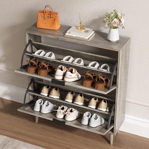 BORNOON Shoe Cabinet for Entryway with 2 Flip Drawers, Slim Wooden Shoe Storage Organizer with Modern Fluted Pannel，Freestanding Narrow Hidden Shoe Rack for Hallway, Foyer, Living Room - color: Grey, size: 2 Flip Drawers