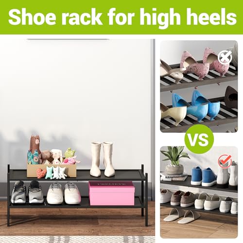 BMOSU 2-Tier Bamboo Extended Shoe Rack Premium Stackable Shoe Shelf Storage Organizer for Hallway Closet Living Room Entryway Organizer(Black) - color: Black, size: 2-Tier Long（33.3*11*12.6inches）