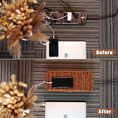 BROWNLILY Cable Management Box, Rattan Style Cord Organizer for Desk Cord Hider Outlet Covers Baby Proofing for Power Strip TV PC Router Charger Under Desk Storage with Lockable Lid and Cable Ties - color: Brown, size: M