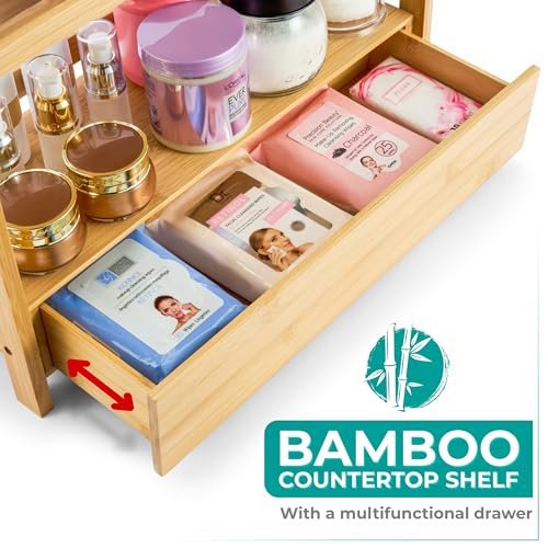 Sorbus Bamboo Bathroom Counter Organizer – 2-Tier Shelf with Hidden Drawer for Vanity, Matcha Station, Bathroom Sink Organizer Countertop, Kitchen & Office Storage (17″ L x 6.5″ W x 12.6″ H) - color: Natural Bamboo, size: 17" x 6.5" x 12.6"