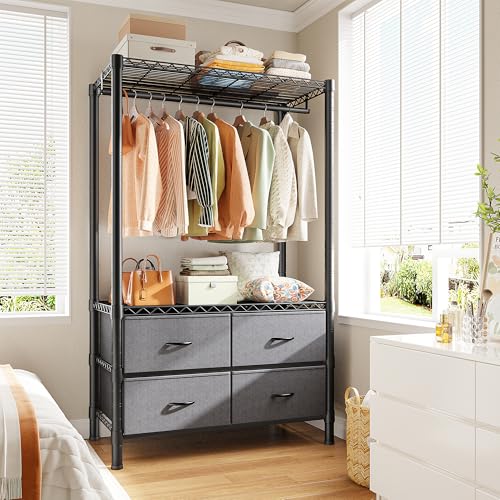 Raybee Clothes Rack, Heavy Duty Clothing Racks for Hanging Clothes, Portable Closet with 4 Drawers, Freestanding Garment Rack with Adjustable Shelves for Bedroom, Basement, Extra Space, Black - color: Black, style: Clothes Rack with Drawers