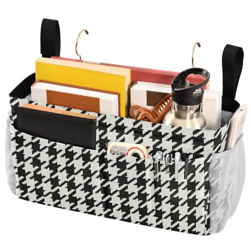 Classic Houndstooth Print Bedside Caddy Storage Bag Bedside Organizer for Bunk Bed Headboards College Organizer Caddy Hanging Shelf 6 Pockets with Hooks for Drinks Magazine Phone Holder - color: Classic Houndstooth