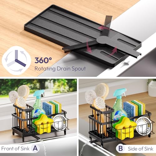SWTYMIKI Sink Caddy Sponge Holder - Large Sponge Holder for Kitchen Sink with 360°Auto-Drain Tray, Rustproof Stainless Steel Kitchen Organizer Caddy for Countertop Organization - color: Black-basket