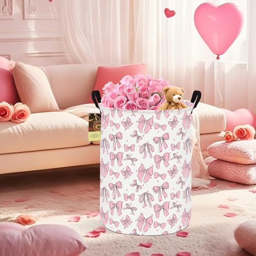 Collapsible Fabric Storage Basket, Waterproof Laundry Hamper with Handles, Round Storage Bin for Clothes Toys, Foldable Organizer for Bedroom Nursery Bathroom(Round-Pink Bow) - color: Round-Pink Bow