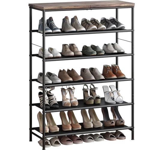 INGIORDAR Shoe Rack Organizer 6 Tier Metal Organizer Shelf with Industrial MDF Board and Layer Fabric for Entryway Closet Bedroom Living Room Garage,Black & Rustic Brown (Black+Rustic Brown, 6 Tier) - color: Black+rustic Brown, size: 6 Tier