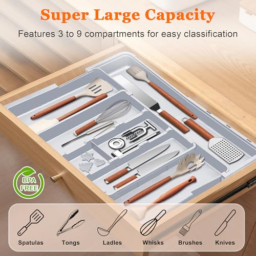 Spaclear Large Utensil Drawer Organizer Expandable Silverware Organizer for Kitchen Drawer Adjustable Cooking Utensil Holder Cutlery Flatware Tray Spatula Tools Gadgets Storage Dividers Plastic Grey - color: Grey