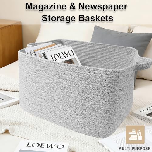 Large Blanket Basket,Woven Rope Basket Storage Bin with Handles,65L Rectangle Laundry Basket for Magazines,Toys,Clothes,Newspaper Shelf Organization,Nursery and Living Room,Grey - color: Grey, size: 21"x16"x12"(65L)