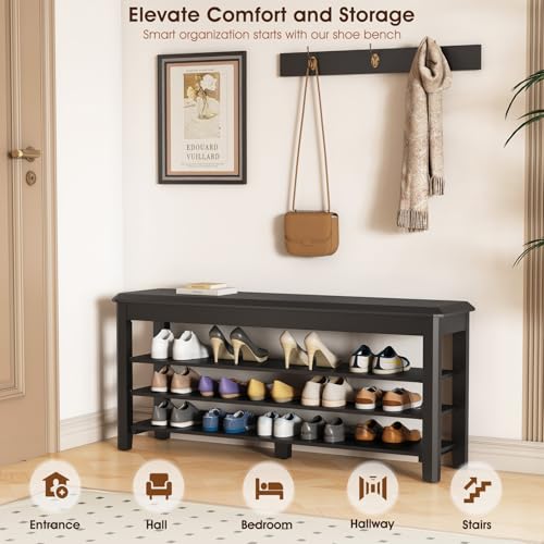 IUNVR Shoe Rack Bench Seat Rubberwood 3-Tier Wooden Storage Bench 550lbs Compact Mid-Century Modern Design for Entryway, Hallway, Closet, Front Door Entrance, Foyer - color: Black-3 Tier(wood), size: 47.2"W x 11.8"D x 20.5"H