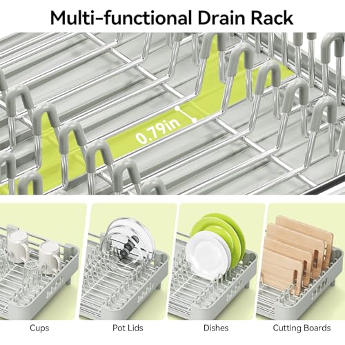 Urackify Extendable Dish Drying Rack, Dual Part Dish Drainers with Non-Scratch and Movable Cutlery Drainer and Drainage Spout, Adjustable Dish Rack for Kitchen, Gray & White - color: Soft Celery Green