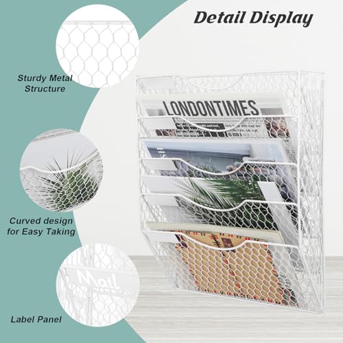 EASEPRES Mail Organizer Wall Mount Hanging File Holder Storage, Metal Chicken Wire Magazine Rack 5 Tier, White - color: White, size: 5 Tier