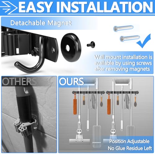 3-H Magnetic Broom Holder Wall Mount 2 Pack, 2-in-1 Dual Mount (No Drill or Screw Fix), 304 Stainless Steel Heavy Duty Magnet Mop Broom Organizer for Kitchen Garden Garage(3 Racks & 4 Hooks,Black) - color: Black, size: 2pc & 3R4H