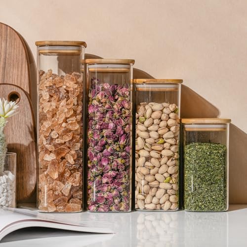 D2scrma 71oz Rectangle Airtight Glass Storage Containers with Bamboo Lids (Set of 3), Square Food Storage Jar, Pantry Organizers for Sugar, Flour, Spaghetti and Coffee beans (‎with Black Lable)
