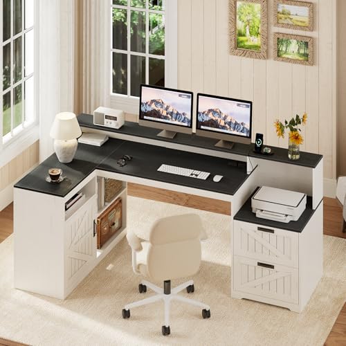 TVU Farmhouse L Shaped Desk with Drawers, 62.2" Home Office Desk with Storage Shelves and Power Outlet, L Shaped Computer Desk with Monitor Stand and Printer Shelf, Black and White - color: Black and White