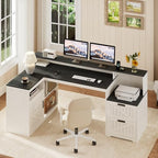 TVU Farmhouse L Shaped Desk with Drawers, 62.2" Home Office Desk with Storage Shelves and Power Outlet, L Shaped Computer Desk with Monitor Stand and Printer Shelf, Black and White - color: Black and White