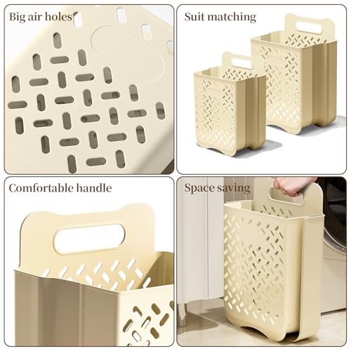 Laundry Basket Hamper,Hanging Wall Collapsible Laundry with Handle,Space-Saving Foldable Storage Dirty Washer Organizer Bin Multi-function Container Waterproof Durable,Set of 2(XL&M) - color: Beige