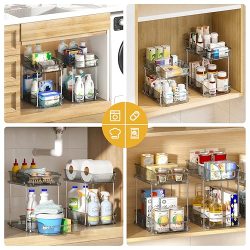 Delamu 2-Tier Under Sink Organizers and Storage, Multi-Purpose Stackable Bathroom Cabinet organizers, Pull Out Kitchen Pantry Organization and Storage with Dividers(3 Pack, Grey) - color: Grey, size: 3 Pack