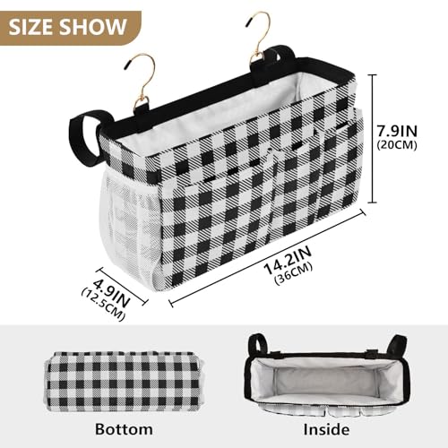 Buffalo Plaid Check Black Print Bedside Caddy Storage Bag Bedside Organizer for Bunk Bed Headboards College Organizer Caddy Hanging Shelf 6 Pockets with Hooks for Drinks Magazine Phone Holder - color: Buffalo Plaid Check Black