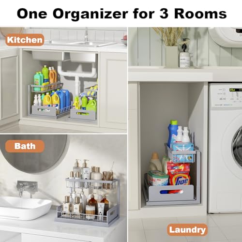 REALINN Under Sink Organizer, Pull Out Cabinet Organizer 2 Tier Slide Out Sink Shelf Cabinet Storage Shelves, Storage for Kitchen Bathroom, Grey, 2 Pack - color: Grey, size: 2 Pack