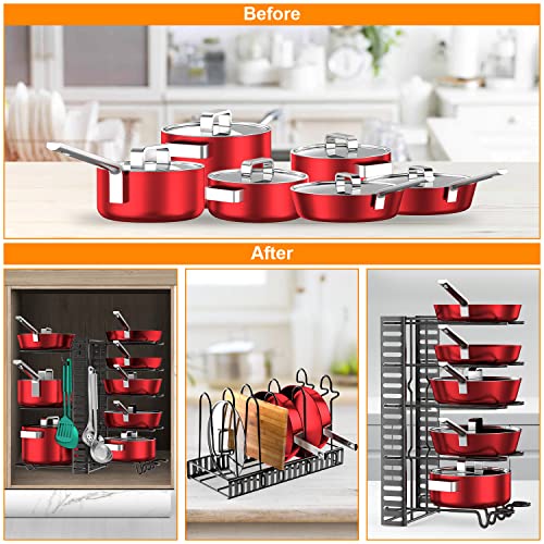Pots and Pans Organizer for Cabinet with 2 Hooks, Adjustable Pot and Pan Organizer Rack for Cabinet 8 Tiers Durable Steel Construction Pot Rack Space Saving Kitchen Storage