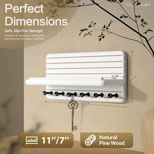 Rebee Vision Decorative Key Holder Wall Mount for Home Organization – 11-inch Pine Wooden Key Holder for Wall with 6 Hooks & Floating Shelf - Modern Farmhouse Home Decor (White) - color: White, size: Medium-11inch