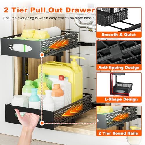 Under Sink Organizer, 2 Packs 2 Tier Under Sink Organizers and Storage, Slide Out Pull Out Cabinet Organizer Shelf, Metal Sliding Drawer for Kitchen Bathroom Pantry Cabinet Closet Organization Rack - color: Classic black