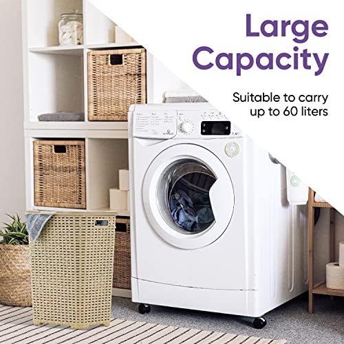 Plastic Laundry Hamper with Lid 2 Pack Laundry Hamper Basket, Beige Tall Cloths Hamper Organizer with Cut-out Handles. Space Saving for Laundry Room Bedroom Bathroom, Wicker Design 60 Liter - color: Beige, size: 2-pack