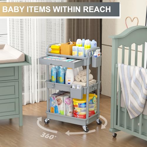 Goovilla 3 Tier Rolling Utility Cart Organizer with Removable Drawer, Stable and Sturdy Grey Rolling Storage Carts with 2 Lockable Wheels for Bathroom, Kitchen, Snack, Craft, Makeup, Baby Essentials - size: 3 Tier, style: Gray