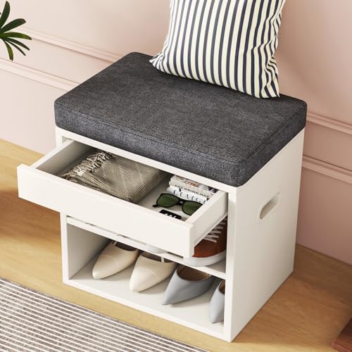 YMYNY Small Shoe Storage Bench with Cushion and Drawer, 2 Tier Adjustable Entryway Bench with Storage, Wooden Shoe Rack Bench for Entryway, Living Room, Hallway, Closet, Bedroom, White, HSC002W - color: White