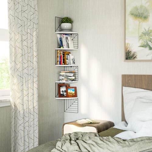 Love-KANKEI Corner Shelf Wall Mount of 5 Tier Rustic Wood Floating Shelves Wall Shelves for Bedroom Living Room Bathroom Kitchen Office and More White - color: White